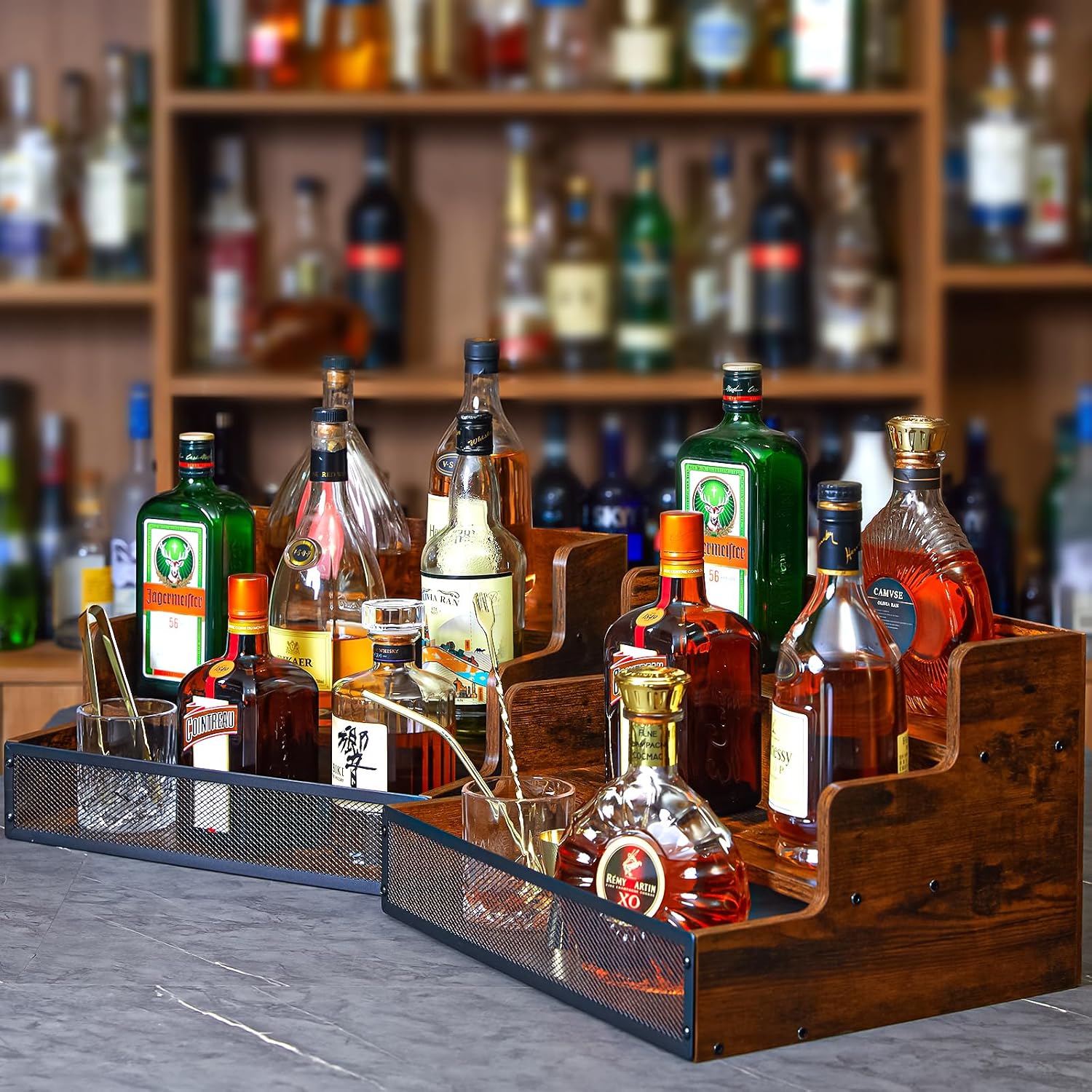 2 Pack 3 Step Countertop Liquor Bottle Display Shelf, Wood Bar Shelves 12 Bottles with Fences, Freestanding Storage Shelves for Liquor Whiskey Wine Coffee Syrup Display, Retro Wine Rack Home