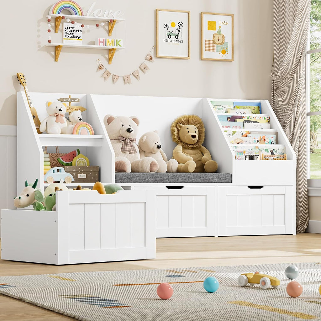 FOTOSOK 55.1’’ Kids Bookshelf with Reading Nook, Toy Storage Organizer with Seat Cushion and 3 Movable Drawers, Kids Reading Nook Toy Organizers and Storage with Bench for Playroom, Bedroom, White
