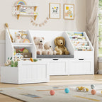 FOTOSOK 55.1’’ Kids Bookshelf with Reading Nook, Toy Storage Organizer with Seat Cushion and 3 Movable Drawers, Kids Reading Nook Toy Organizers and Storage with Bench for Playroom, Bedroom, White