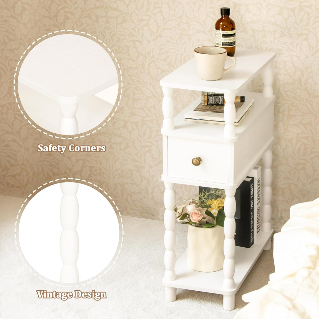 MaxSmeo White Narrow End Table, Small Side Table Living Room, Skinny Bedside Table Nightstand with Drawer for Small Spaces, Bedroom (White)