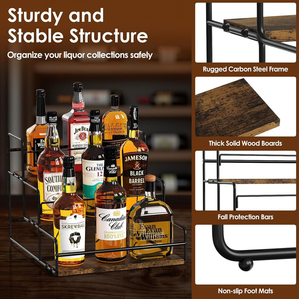 Nuovoware Liquor Bottle Display Shelf, 3 Step Wine Rack Countertop Liquor Shelf, Mini Bar Liquor Cabinet Kitchen Coffee Bar Shelf Stand for Whiskey, Black