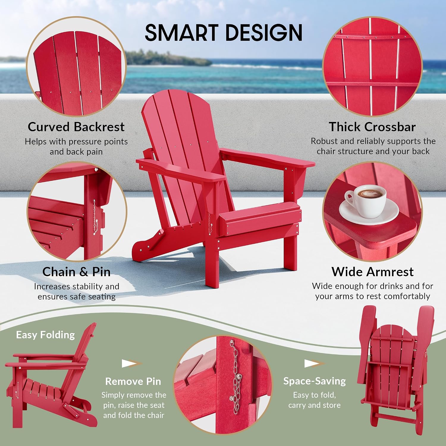 WestinTrends Malibu 2 Piece Set Outdoor Folding Poly Adirondack Chair, Red