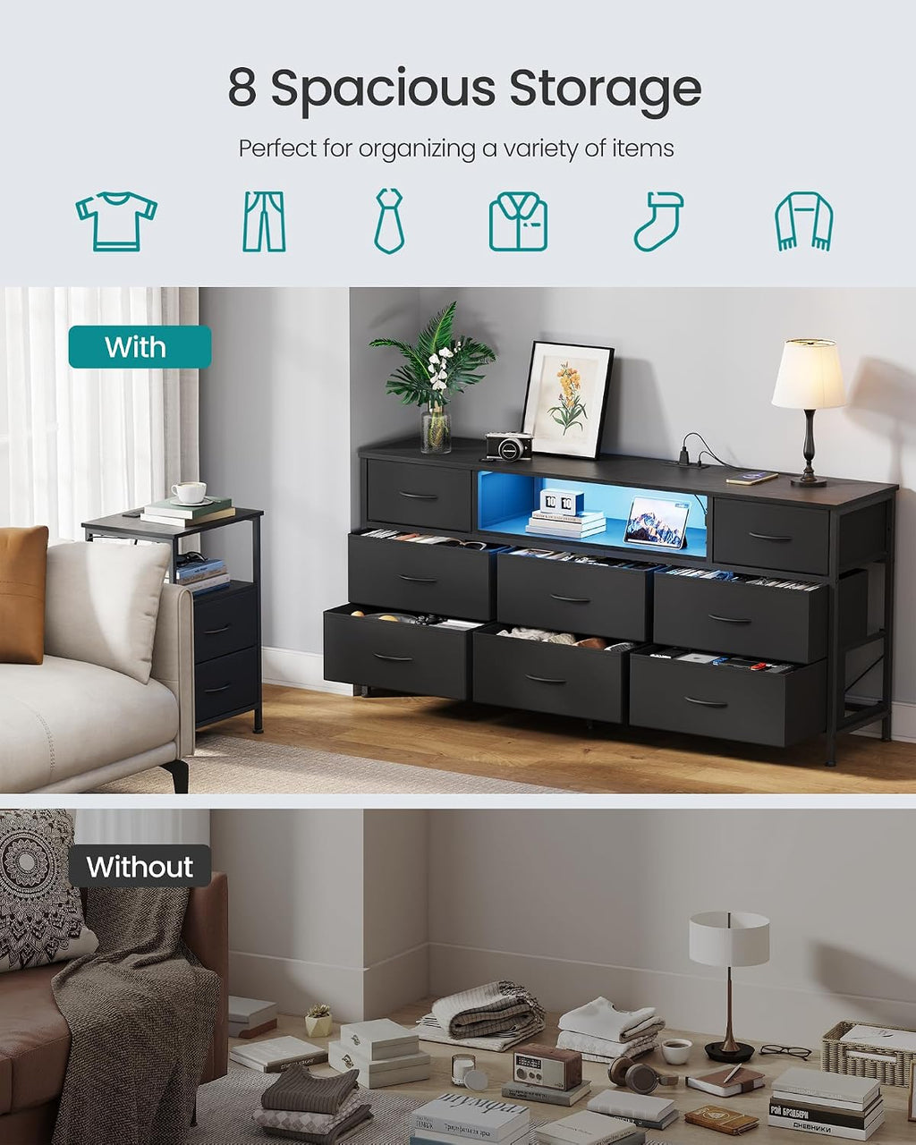 SONGMICS BELLAH Collection - Dresser for Bedroom with Outlets and LED Lights, TV Stand for TVs Up to 65 Inches, Chest of Drawers, 8 Drawers, Steel, Modern, Ink Black ULGS434BH02S
