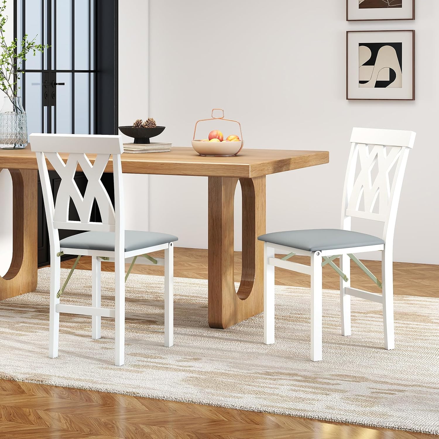 Giantex Folding Dining Chairs Set of 4, Upholstered Kitchen Chair w/Rubber Wood Frame, Padded Seat with PVC Leather, Hollowed Curved Backrest, Farmhouse Wooden Side Chairs for Home Restaurant