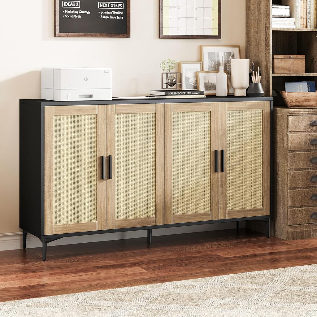 Luoxiao Sideboard Buffet Cabinet with Storage 48" Rattan Coffee Bar Boho Console Table with Adjustable Shelves & 4 Doors, Modern Credenza for Kitchen, Living Room, Entryway, Dining Room, Black