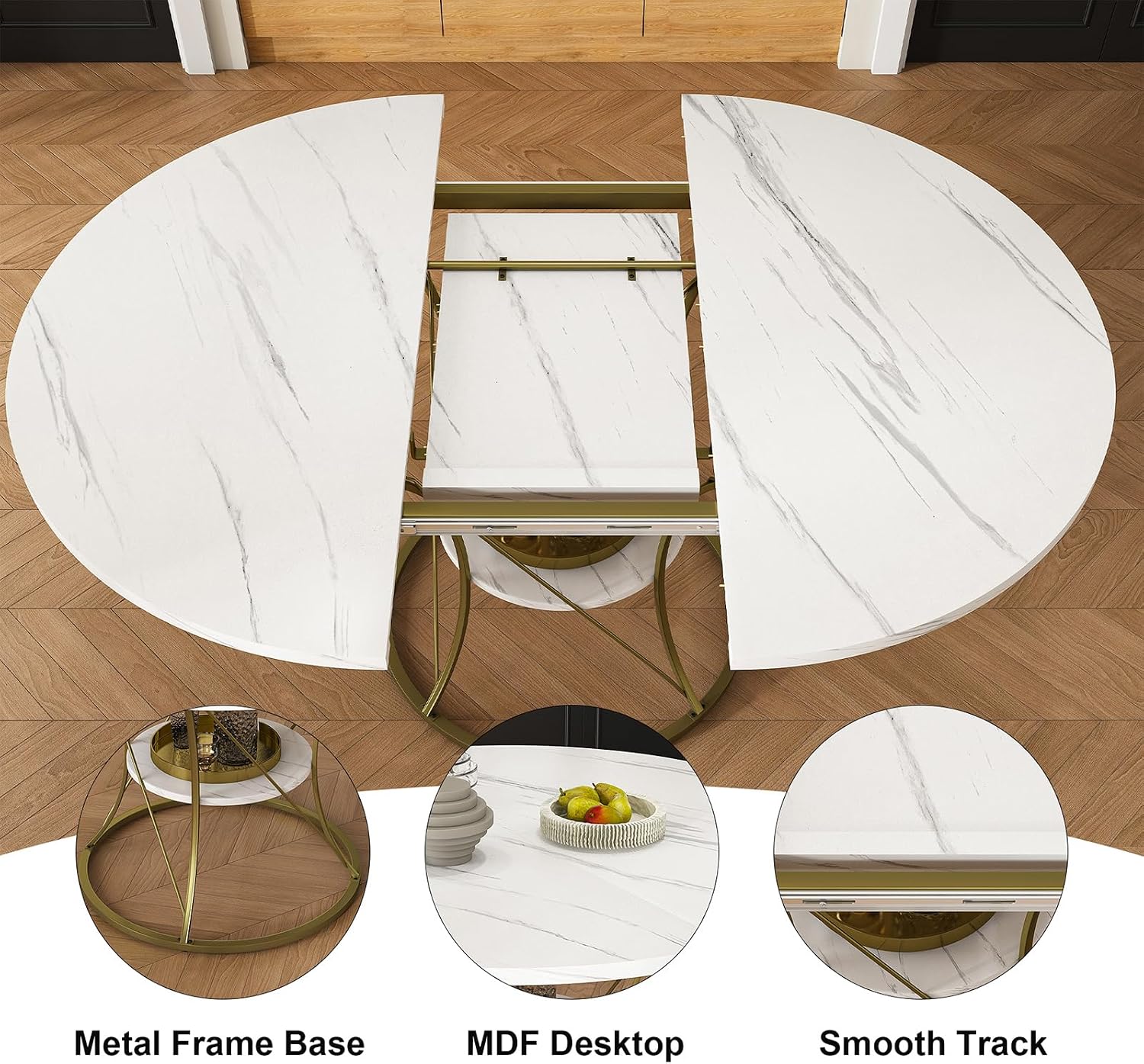 43"-59" Extendable Round Dining Table for 4-6, Modern Kitchen Table with Storage Shelf, Marble Veneer Top & Gold Metal Base Dining Room Table for Apartment
