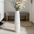White Tall Ceramic Floor Vase, 17.7 Inch, Ribbed Design, Large Vase | Glossy Glazed Finish, Narrow Corners, Entryway, Bedroom, Compact Spaces