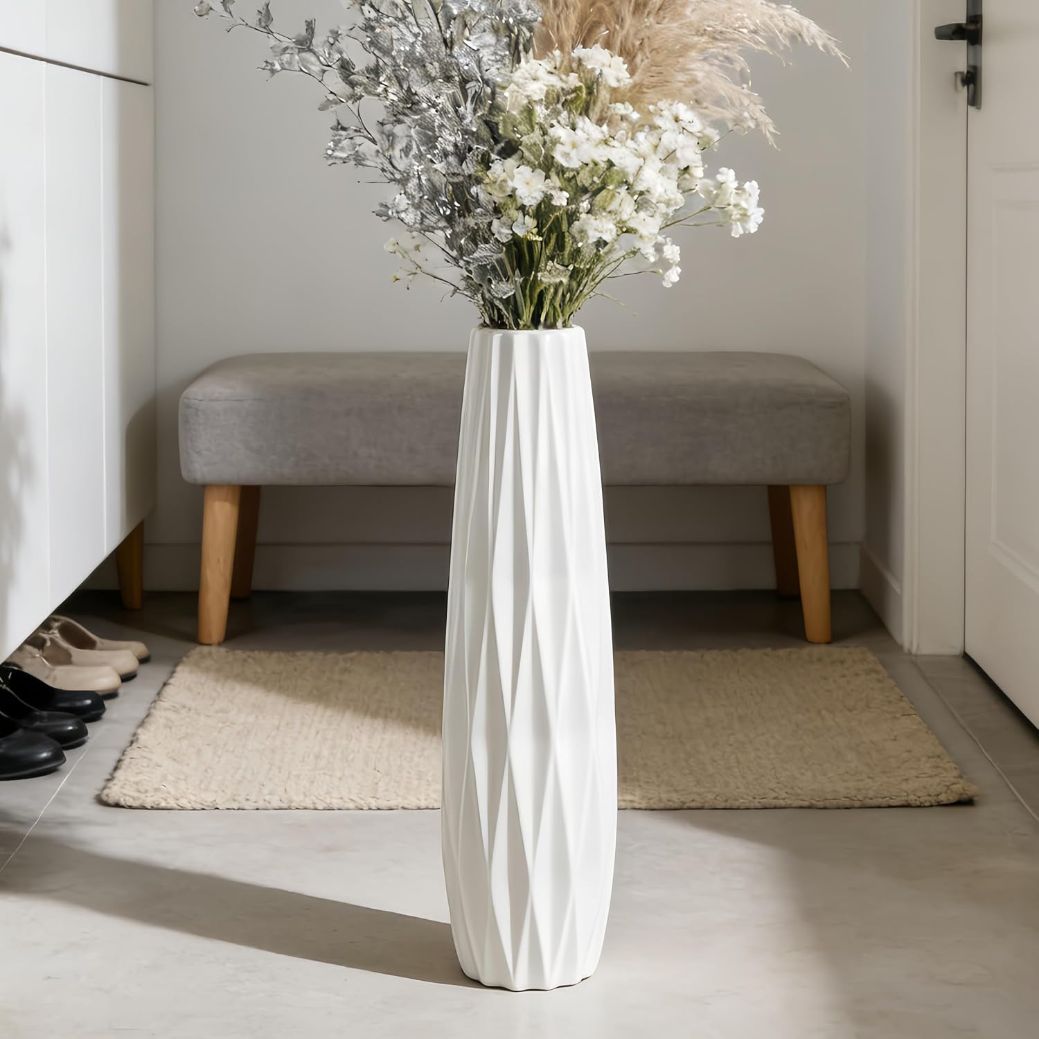 White Tall Ceramic Floor Vase, 17.7 Inch, Ribbed Design, Large Vase | Glossy Glazed Finish, Narrow Corners, Entryway, Bedroom, Compact Spaces