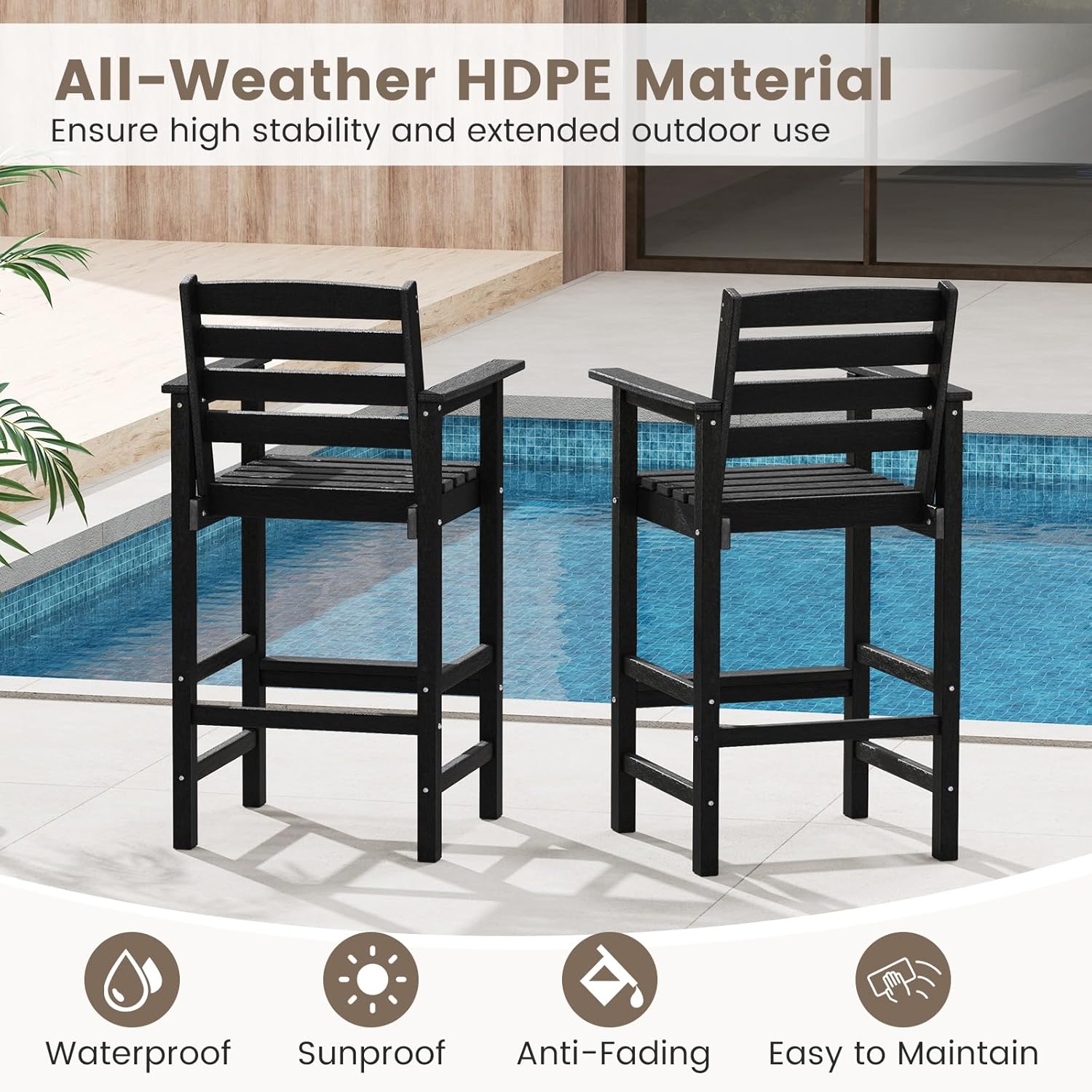 Tangkula Patio Adirondack Chairs Set of 2, HDPE Bar Height Chair with Wide Armrests & Footrest, Outdoor High-Top Slatted Bar Chairs with Backrest for Backyard, Lawn, Poolside (2, Black)