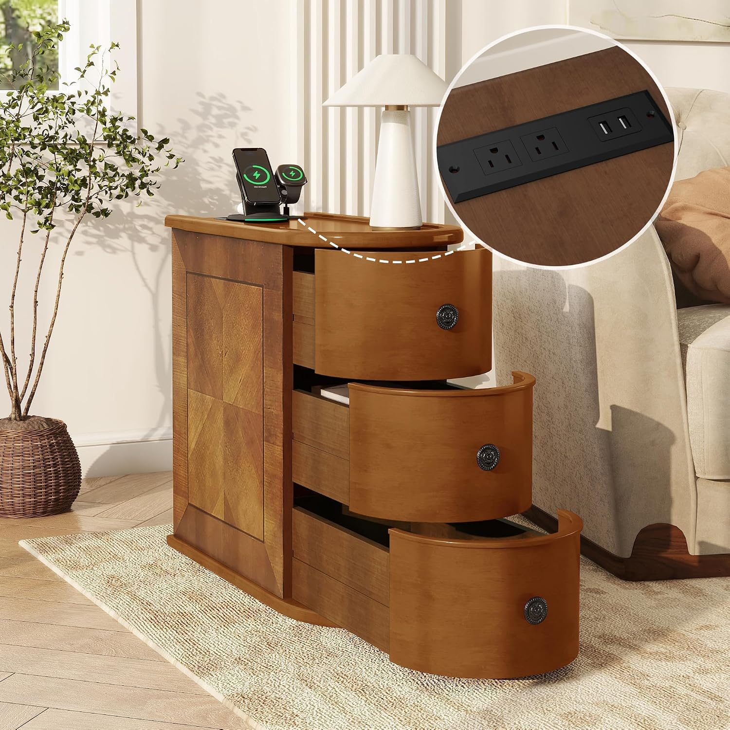roomfitters 23.6" End Table, Charging Station and Drawers with Wooden Frame for Living Room, Light Walnut