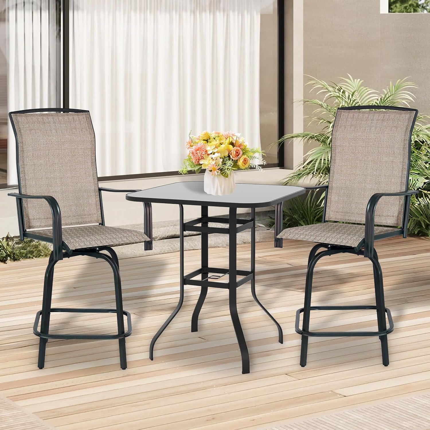 Outdoor Bar Stools Set of 2, 26.6" Seat Height Patio Bar Stools, All Weather Bar Height Swivel Patio Chairs with High Back for Bistro, Patio, Garden