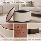 Huatean Home 29.1 Inch Round Coffee Table, Storage Ottoman with Removable Lid Top and Solid Wood Legs, Round Ottoman with Storage for Living Room, Bedroom, Corners, Entryway, Boucle Ottoman, Beige