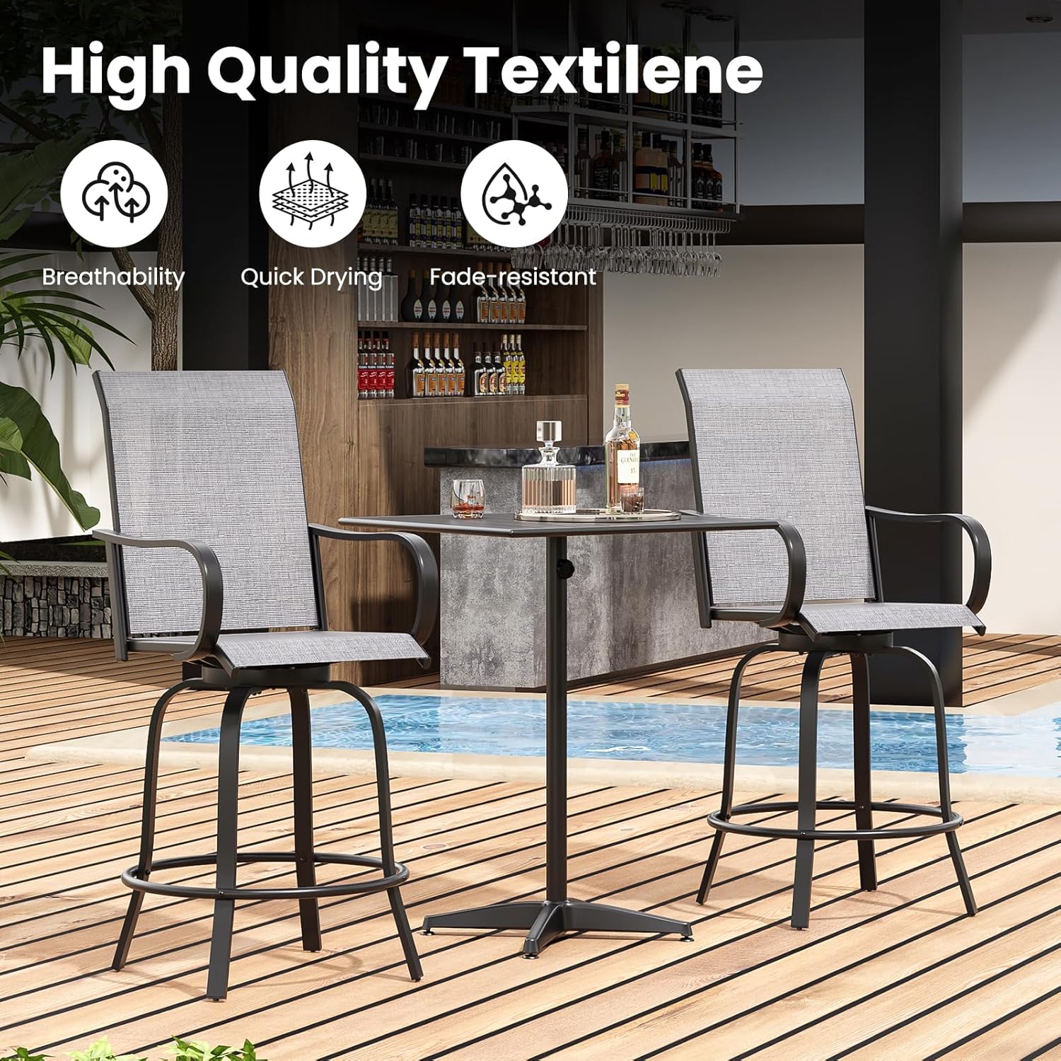 Soohow Outdoor Bar Stools Set of 4, Swivel Patio Barstools with Textilene Fabric, Height Top Patio Chair 360° Swivel, All Weather Use, Ergonomic Comfort Bar Height Tall Outdoor Stools for Balcony