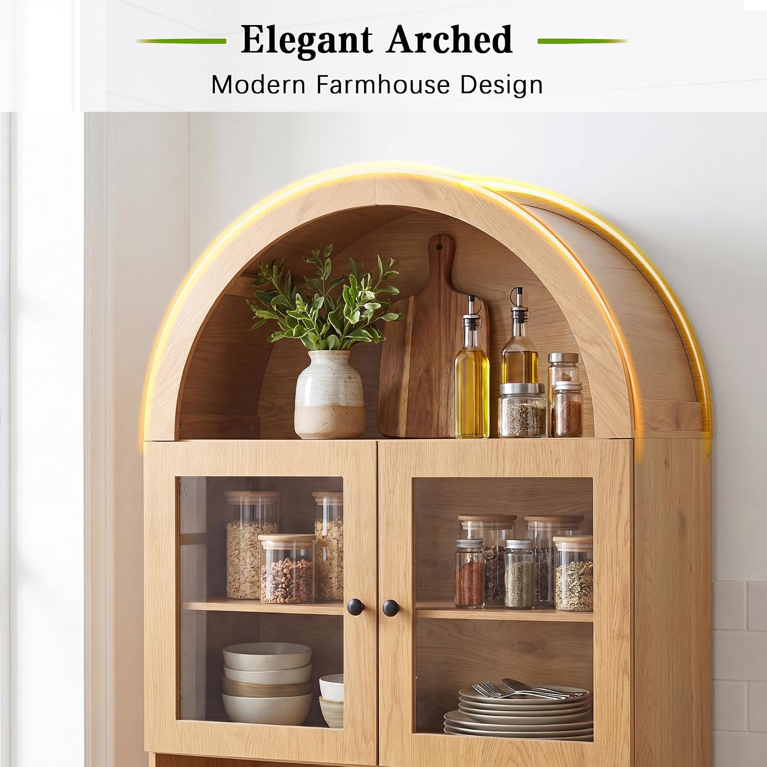 Merax 75'' Farmhouse Arched Kitchen Pantry with Charging Station | Kitchen Hutch with Adjustable Shelves, Open Countertop & Glass Holders, Versatile Cupboard for Dining Room Living Room