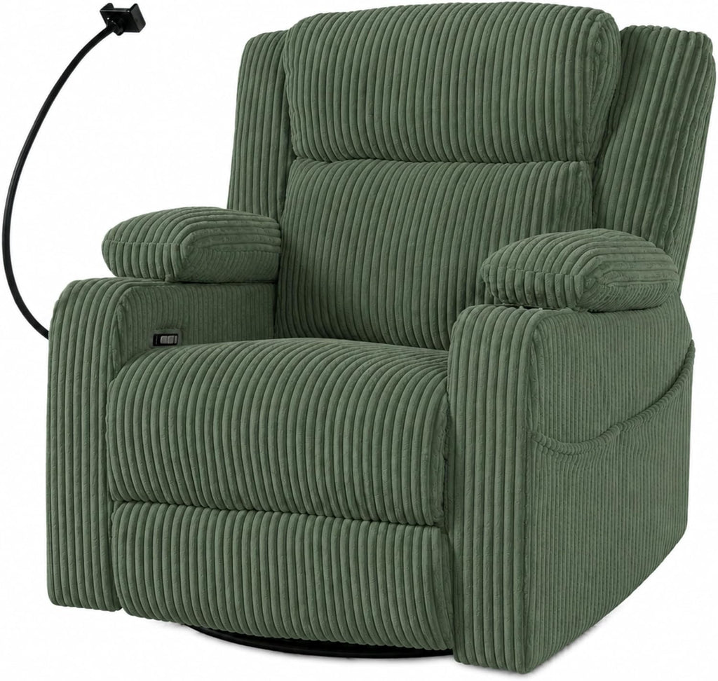 ERYE Power Reclining Chair Corduroy Upholstered Nursery Armchair,Glider Rocker Swivel Recliner W/Vibration Heat,USB-C Ports,Cupholder,Hidden Storage & Adjustable Headrest