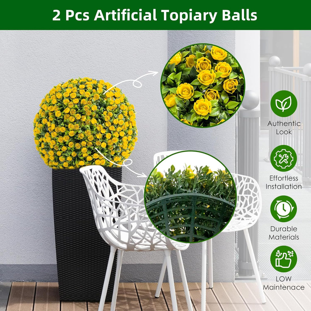2 Pack Artificial Topiary Balls, Faux Rose Flower Spheres with Hanging Chain & Zip Ties, Easy Assembly, No Maintenance Decor for Indoor, Outdoor, Garden, Patio, Wedding, Home