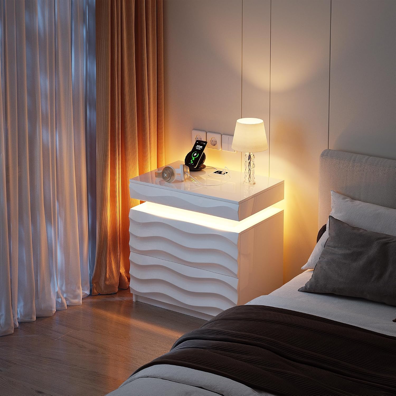 Night Stand with Gun Drawer - 23.6" Extra Wide LED 2 - Drawer Nightstand with Hidden Storage Human Sensor Light - Charging Bedside End Table with USB & Type-C Port for Bedroom, White