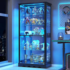 Dystler 71'' Glass Display Cabinet with Doors, RGB Curio Cabinet with LED Lights for Collectibles, Display Case with Adjustable Shelf, Black