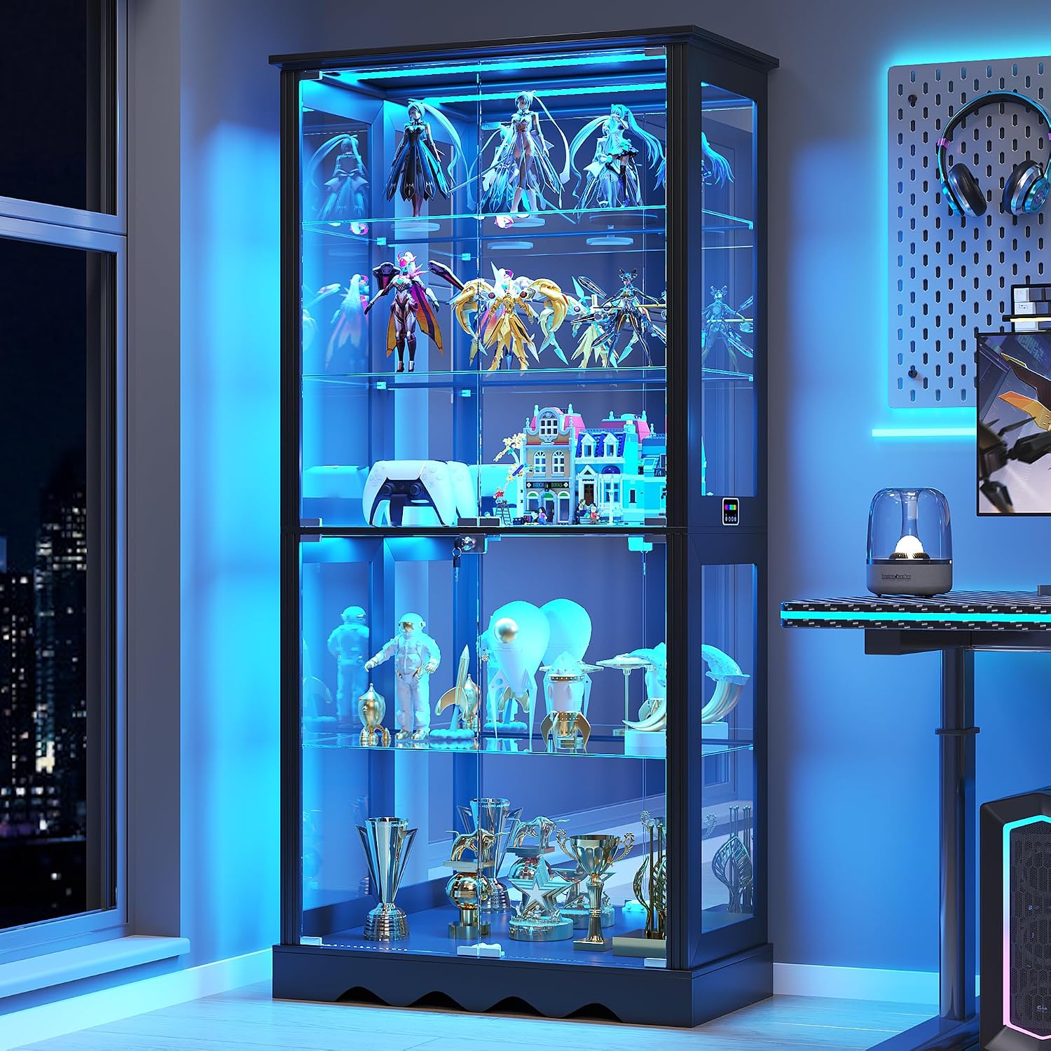 Dystler 71'' Glass Display Cabinet with Doors, RGB Curio Cabinet with LED Lights for Collectibles, Display Case with Adjustable Shelf, Black