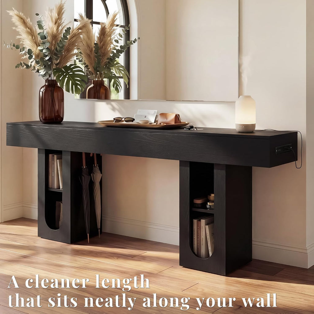 71" Entryway Console Table with Outlets & Storage-Black | 5.9" Thick Top,Zero Wobble,Behind Large Couch,Extra Long,Anti-Tip,Modern Farmhouse,Dense MDF,Living Room,Hallway,300lbs Load