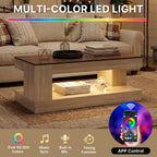 Miereirl Farmhouse Coffee Table with Storage Shelf, 2-Tier Wood Rustic Center Table with LED Light, 47” Rectangular Tea Tables for Living Room, Apartment, Office,Walnut &Light Ash White