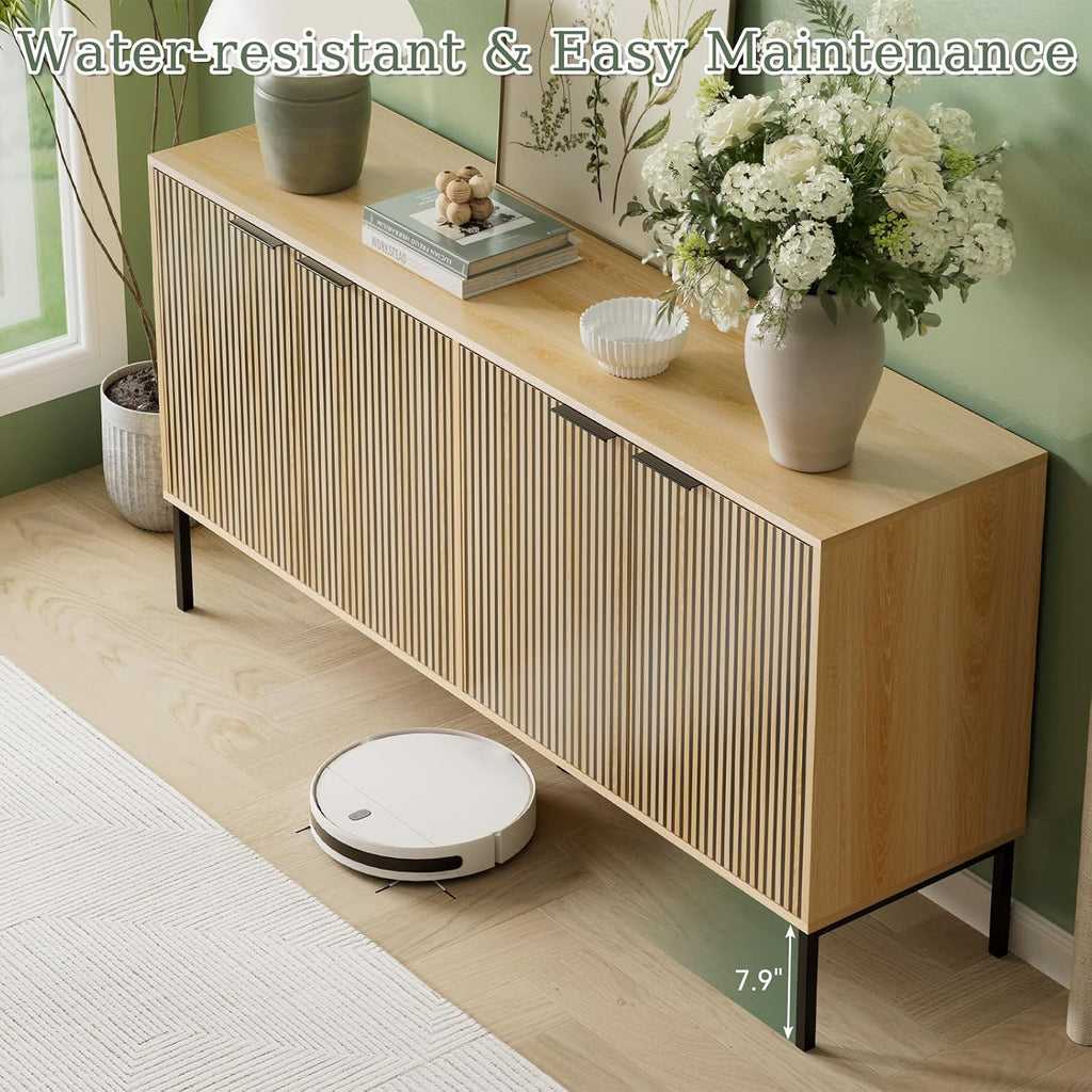 Sideboard Buffet Cabinet with 4 Doors, 63" Kitchen Accent Storage Cabinet with Adjustable Shelves, Square Tubular Steel Legs,Wood Sideboard Credenza for Kitchen Coffee Bar, Natural Wood
