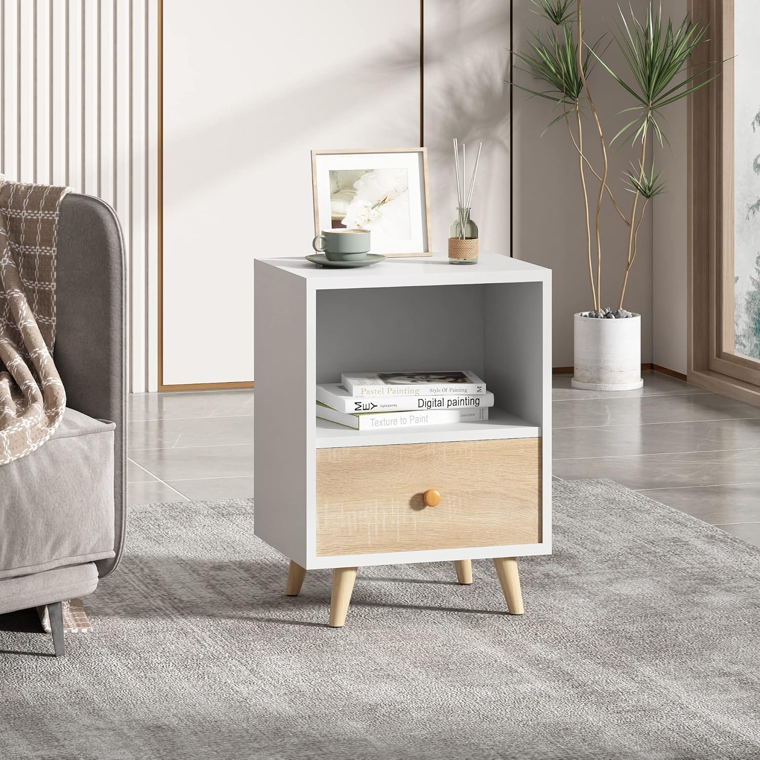 JAXPETY End Tables Set of 2, Night Stand with Drawer and Open Storage Shelf, Bedside Tables with Solid Wood Legs, Side Table, for Bedroom/Living Room(2-Packs,White)