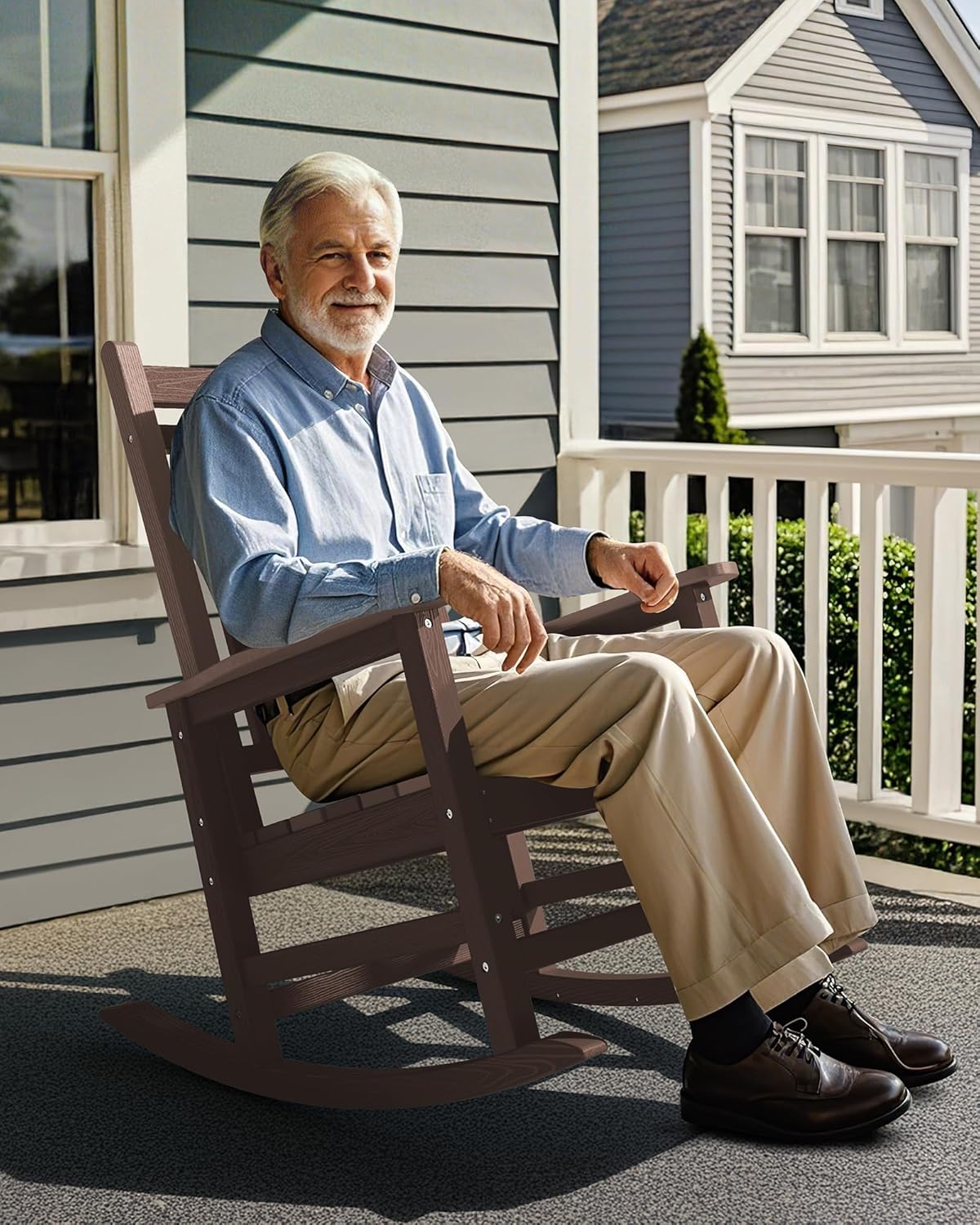 SERWALL Outdoor Rocking Chair Set of 2, HDPE Rocking Chair for Adults, All Weather Porch Rocker for Lawn Garden, Unique Color Matching Each Chair Varies, Multi-Tone Brown