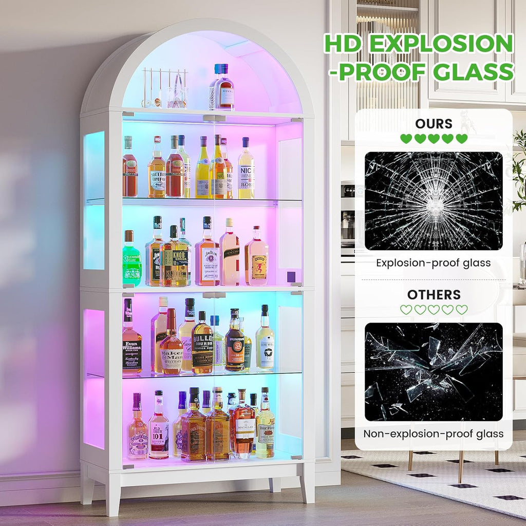 HNEBC Arched Display Case with RGB Lights, 69" Tall 5-Tier Tempered Glass Display Cabinet with Doors, LED Curio Cabinet with Shelf, Bookcase with Music-Synced Lighting for Living Room(White)