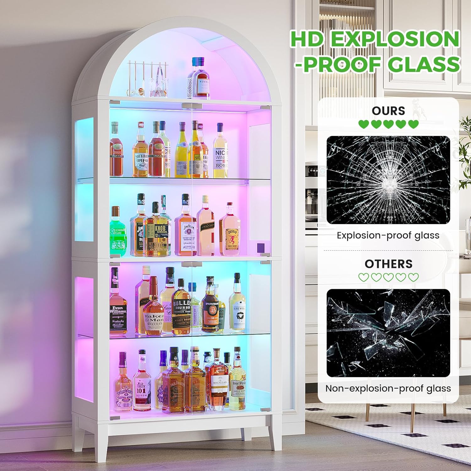 HNEBC Arched Display Case with RGB Lights, 69" Tall 5-Tier Tempered Glass Display Cabinet with Doors, LED Curio Cabinet with Shelf, Bookcase with Music-Synced Lighting for Living Room(White)