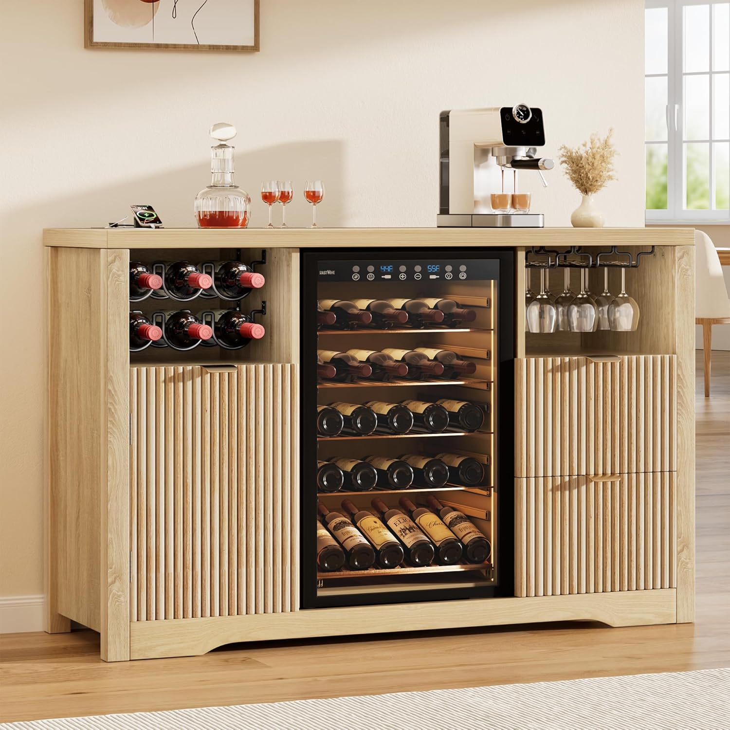 Coffee Bar Cabinet with Fridge Space, 53"L Wine Cabinets with Storage Drawer, Wood Buffet Sideboard Table, Fluted Liquor Cabinet with Wine Rack for Home Living Room,20"D x 53.1"W x 39.4"H-Natural Oak