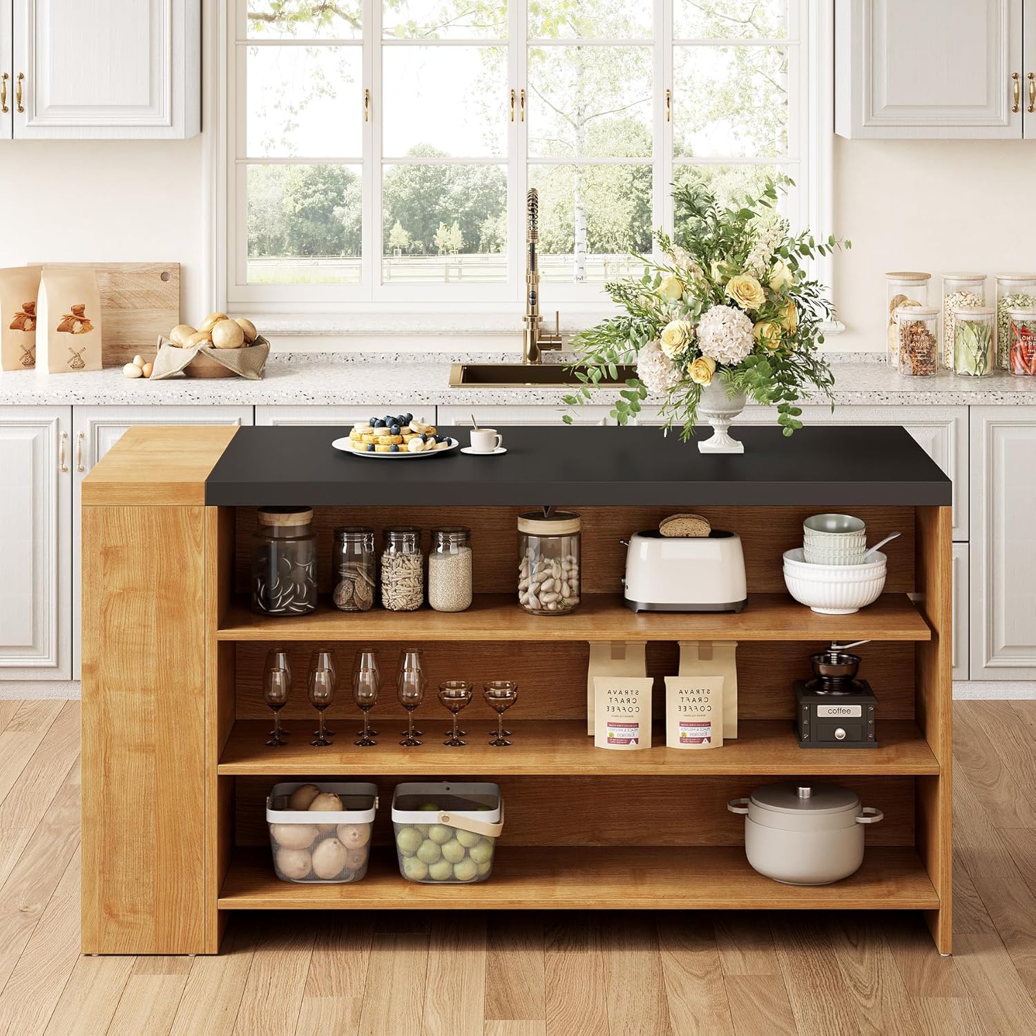 Little Tree 55 Inches Kitchen Island, 4-Tier Kitchen Storage Cabinet with Large Worktop & Leg Room, Modern Wooden Kitchen Stationary Island for Dining Room, Coffee Bar Cabinet for Living Room, Oak