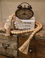 3 Pieces Wooden Decorative White Books, Rustic Farmhouse Faux Books for Coffee Table Shelves with Wood Bead Tassels and Leaves, 7'x 4.6'x 2.5' (Home, Sweet, Home)