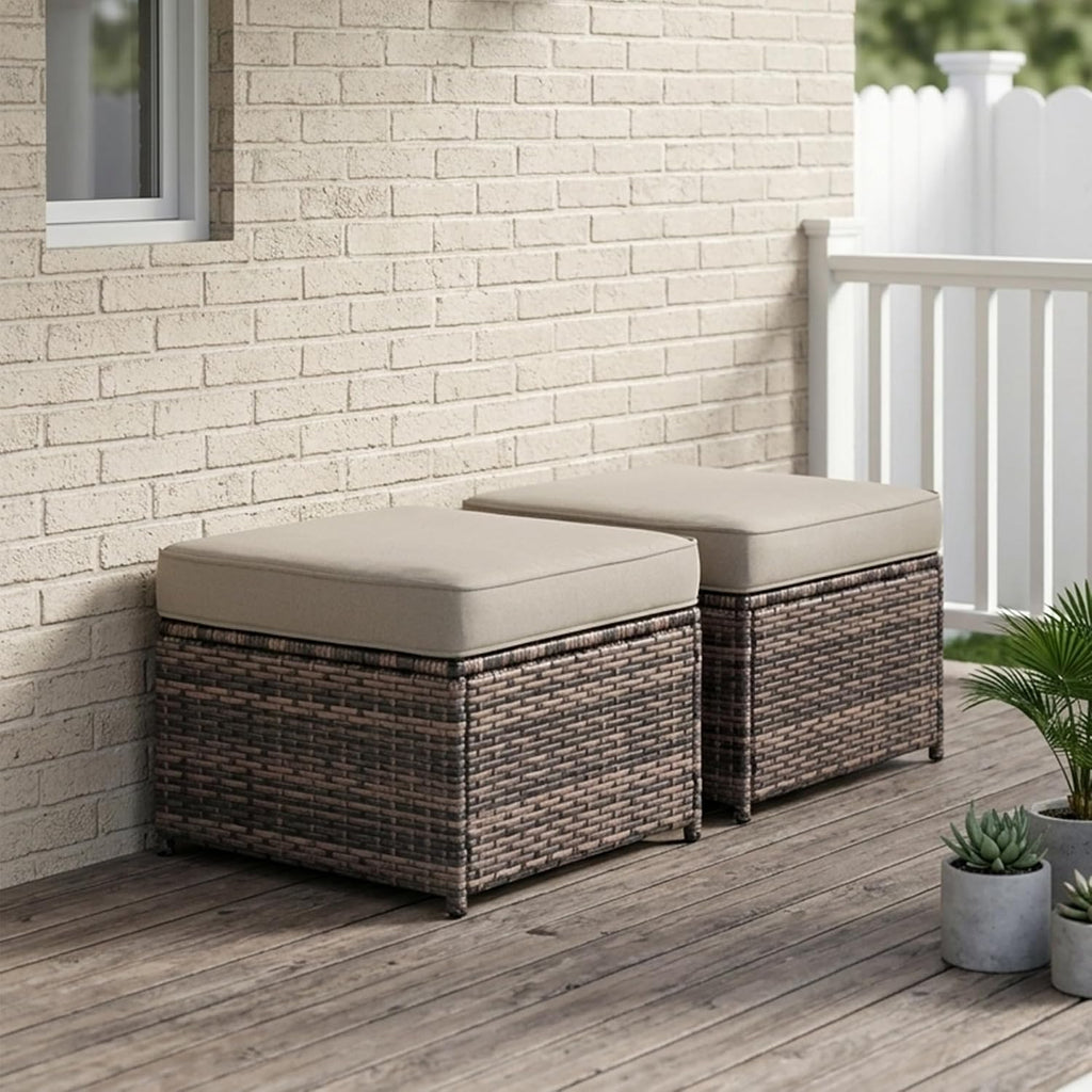 2 Piece Patio Sofa Ottomans with 4.3" Thick Cushions, Wicker Outdoor Couch Extension Set, All-Weather Rattan Seating Accessory for Backyard Furniture,Beige