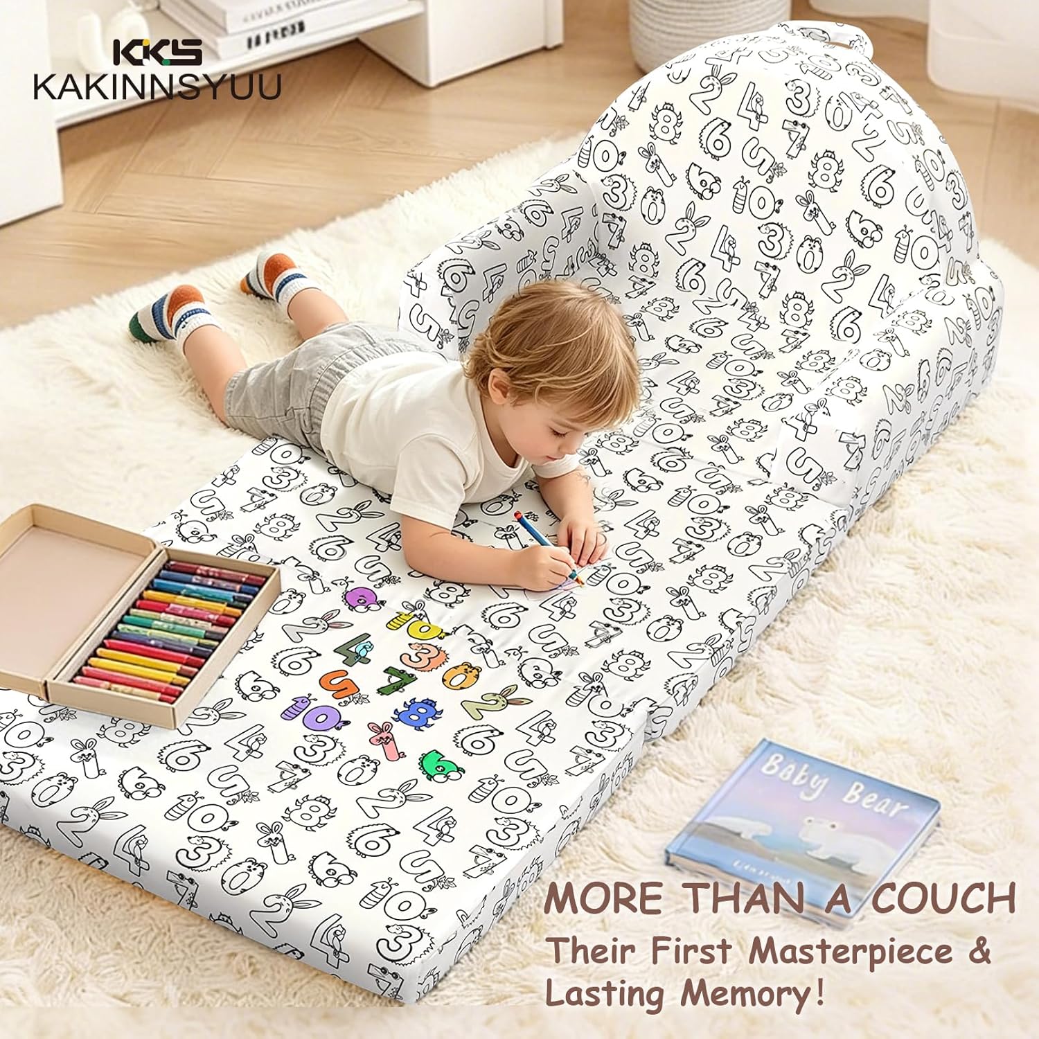 Toddler Chair & Couch, Kids Sofa 2-in-1 with Draw-On Fabric, Fold Out Convertible Foam Lounge for Playroom, Gift for Toddlers & Birthday