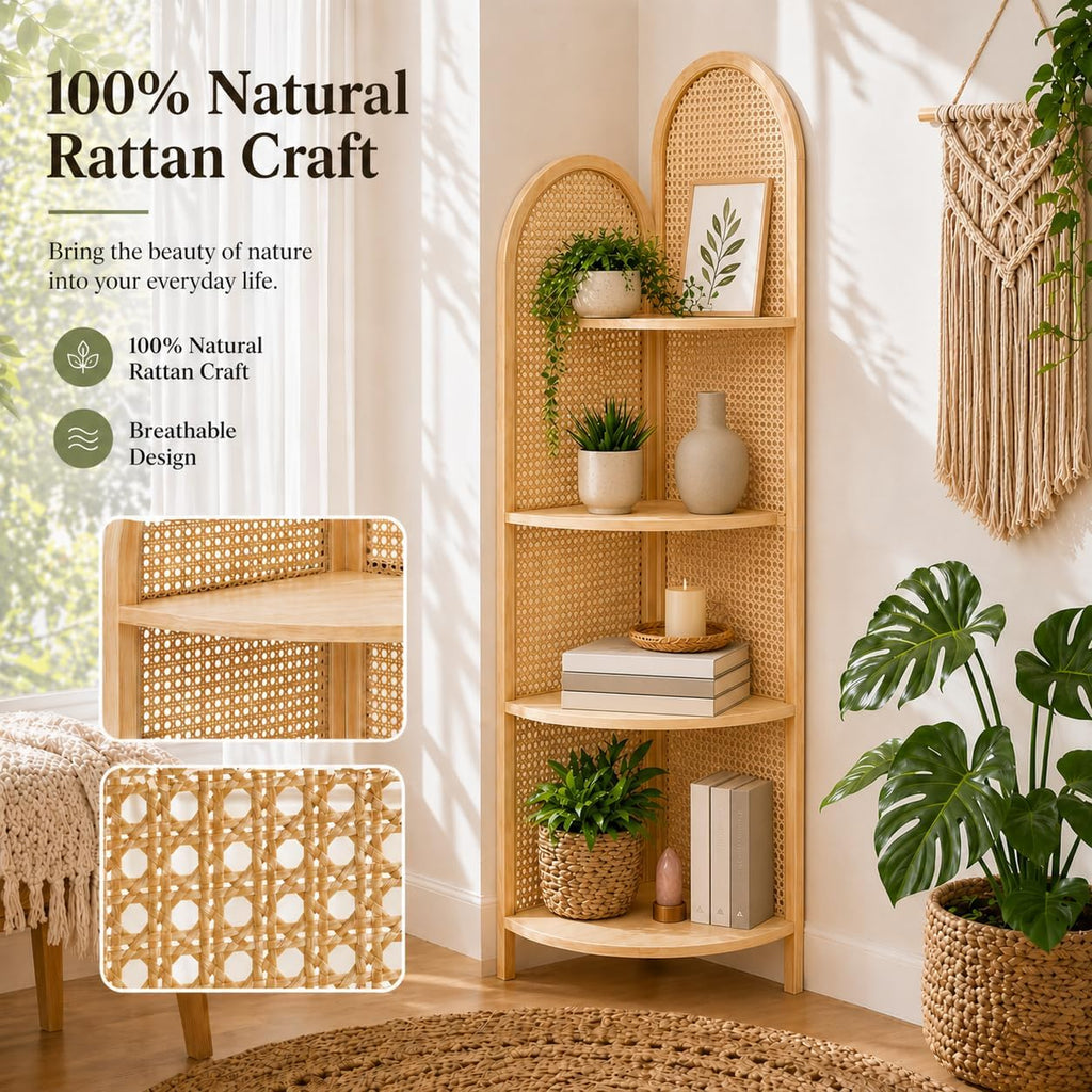 70" Tall Corner Bookshelf, 4-Tier Rattan Corner Shelf Stand for Small Spaces - Solid Wood Frame Display Organizer Rack, 90° Flush Wall Fit, Natural