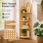 70" Tall Corner Bookshelf, 4-Tier Rattan Corner Shelf Stand for Small Spaces - Solid Wood Frame Display Organizer Rack, 90° Flush Wall Fit, Natural