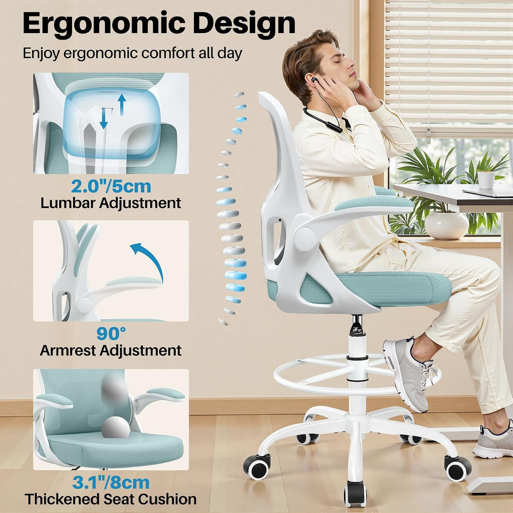 Drafting Chair Tall Office Chair for Standing Desk - Ergonomic Computer Work Stool with Lumbar Support, Flip-up Arms & Foot Ring. for Studio Artist Engineer Gaming Bar Study (Light Blue)