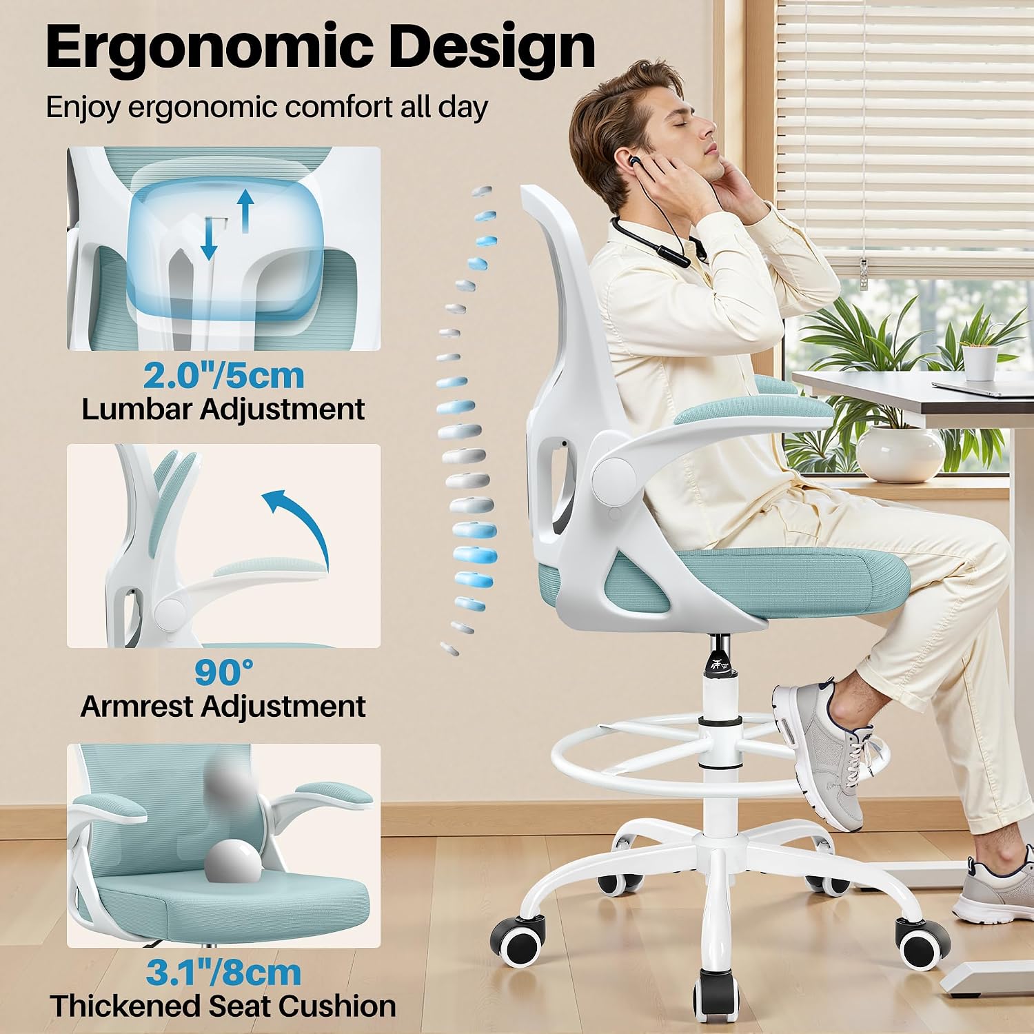 Drafting Chair Tall Office Chair for Standing Desk - Ergonomic Computer Work Stool with Lumbar Support, Flip-up Arms & Foot Ring. for Studio Artist Engineer Gaming Bar Study (Light Blue)