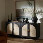 Modern Rattan Storage Sideboard Cabinet, Black Wood Buffet with Magnetic Latch, Adjustable Shelf. [2Pcs, Black]