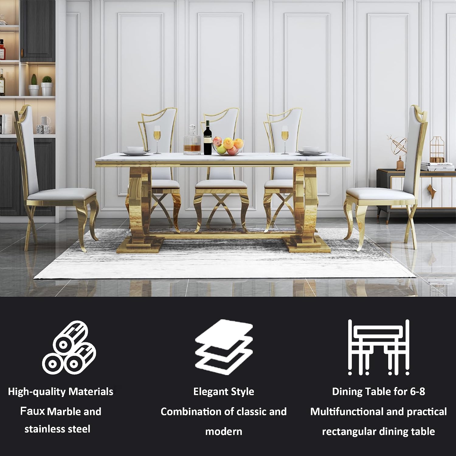 5 Pcs Dining Table Set, Kitchen and Dining Room Table Set for 4, 68" Rectangular White Faux Marble Dining Table with O-Shaped Gold Stainless Steel Base & Velvet Upholstered Beige Chairs