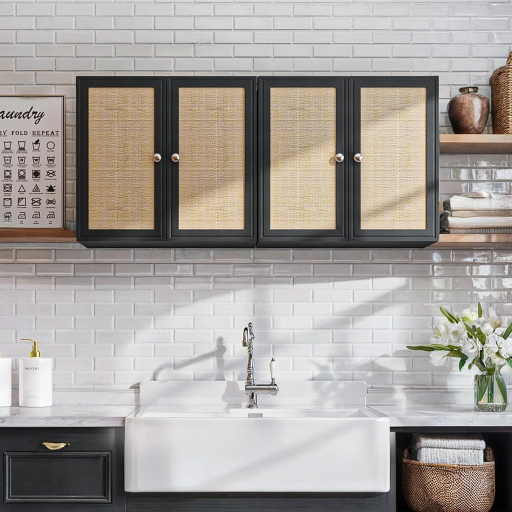 Laundry Room Cabinets with Lights, 24INCH Bathroom Cabinets Wall Mounted with Adjustable Shelves, Rattan Wall Cabinet for Bedroom, Kitchen, Bathroom (2PCS, Black)