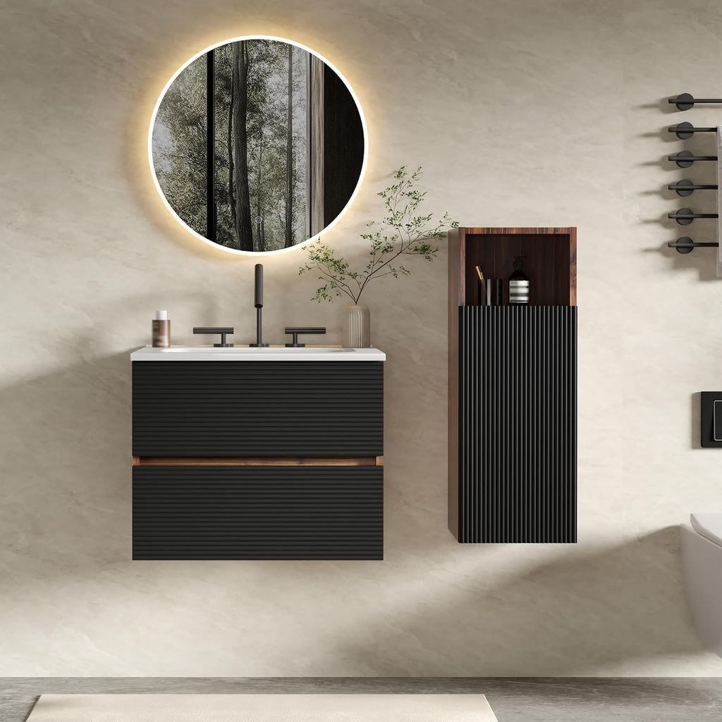 12" Floating Bathroom Storage Cabinet, Modern Wall Cabinets with Soft-Closing Door & Open Shelf, Bathroom Side Cabinet for Small Spaces, Apartment, Walnut+Black