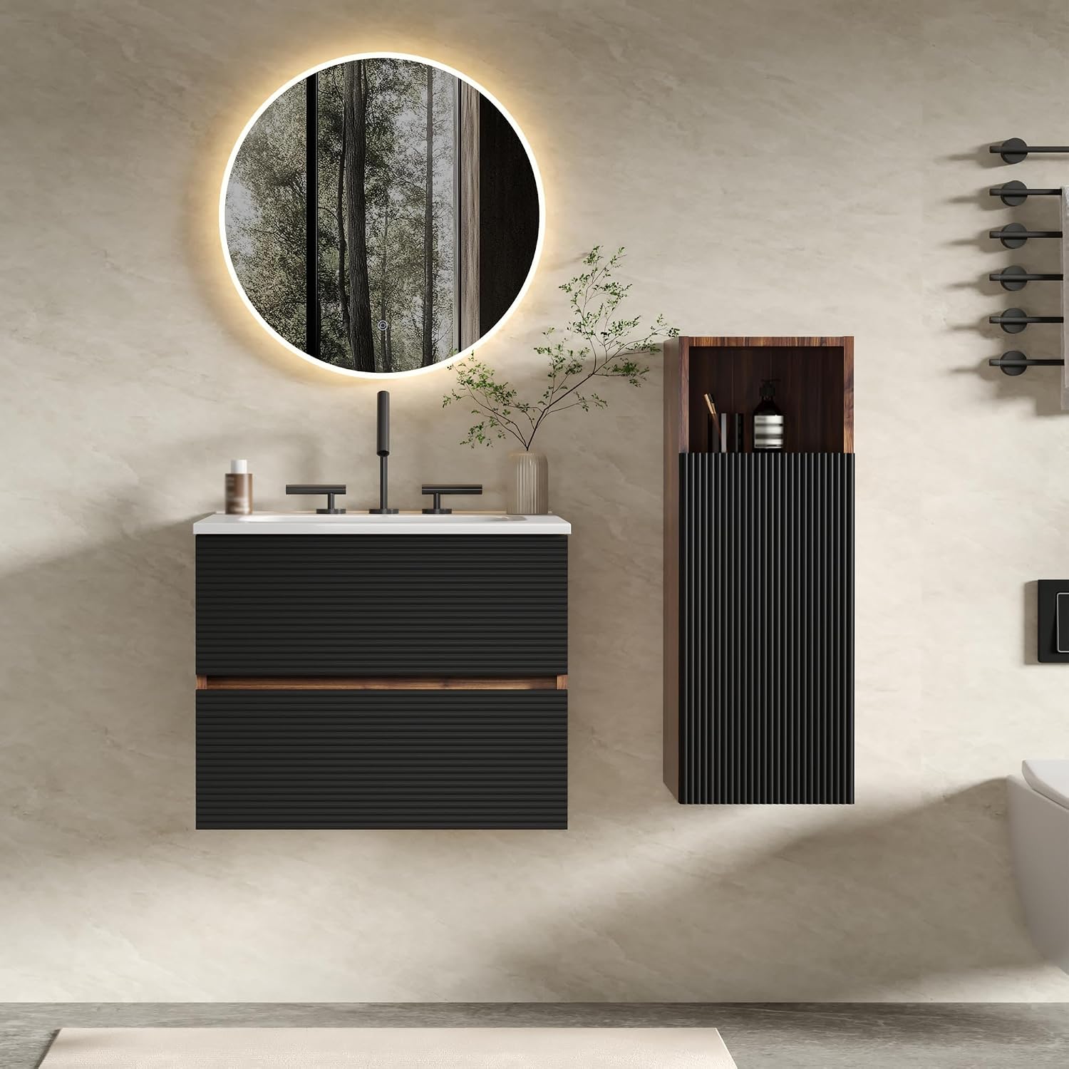 12" Floating Bathroom Storage Cabinet, Modern Wall Cabinets with Soft-Closing Door & Open Shelf, Bathroom Side Cabinet for Small Spaces, Apartment, Walnut+Black
