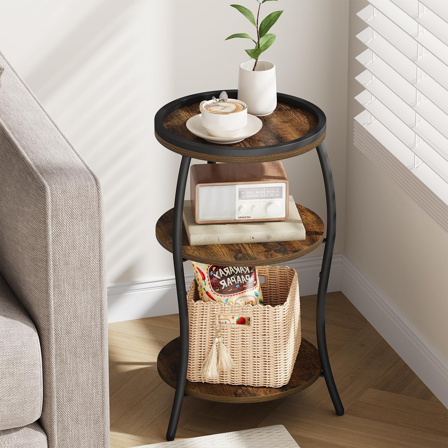 YINMIT Small Round Side Table, 3 Tier Slim Waist End Table with Anti-Tip Edge Guard, Compact Nightstand for Bedroom, Round Corner Accent Table for Small Spaces Living Room Sofa Couch