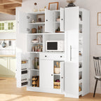 Farmhouse Freestanding Kitchen Pantry with Pull-Out Side Cabinet, Door Shelves and Drawer, Large Buffet Sideboard Cupboard for Dining Room (White)