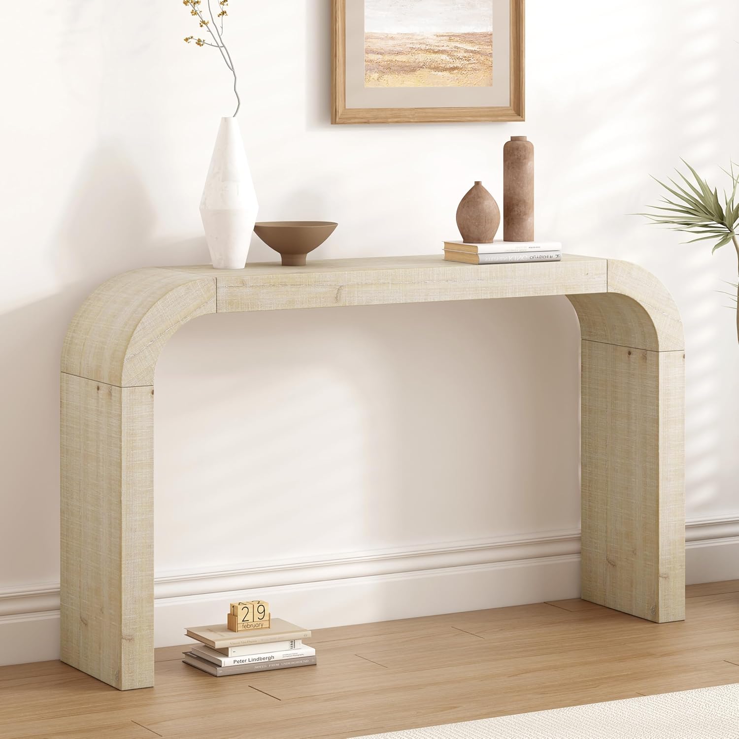 52" Wood Console Table with Curved Edge, Natural Texture, Perfect for Entryways and Living Rooms