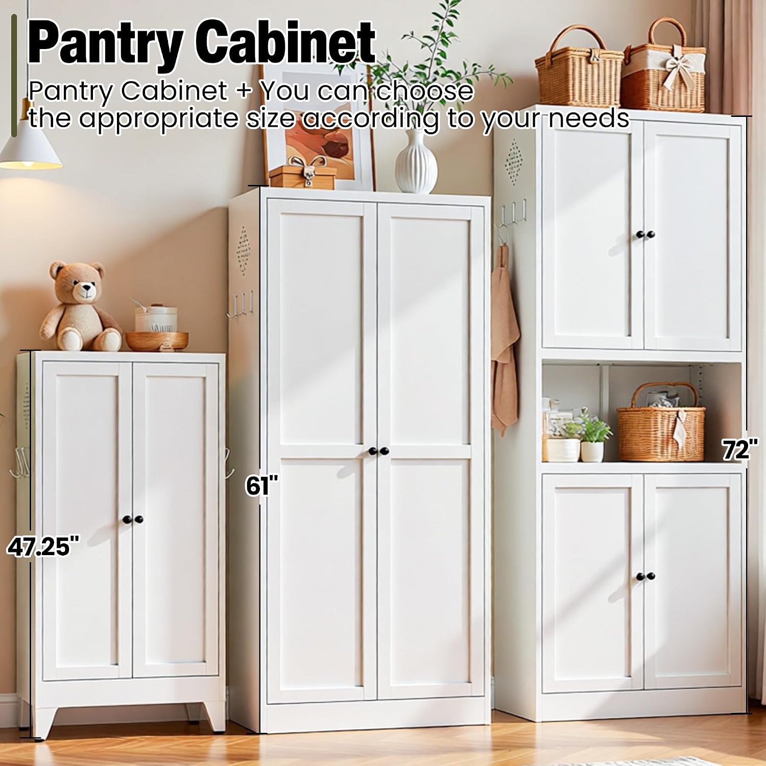 AQY Kitchen Pantry Cabinet,72" White Pantry Cabinet 3-Tier Adjustable Shelves 4 Doors, Freestanding Cupboard with Microwave Stand, Metal Cabinet with Handle for Living Room Kitchen Assembly Required