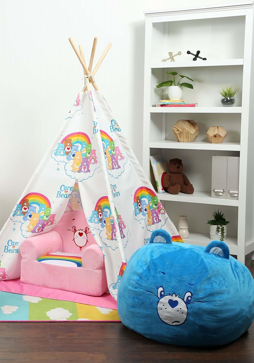 Fun Costumes Care Bears Grumpy Bear Plush Pouf Decoration, Super Soft Cushioned Blue Bean Bag Chair, Home & Bedroom Ottoman Decor Standard