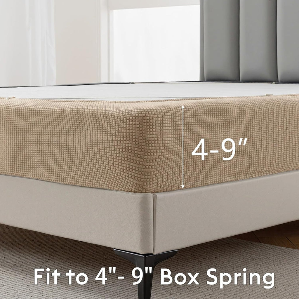 MIYE Jacquard Fabric Box Spring Cover,Super Stretchy Wrap Around 4 Sides Elastic Bed Skirt,Wrinkle & Fading Resistant,Washable & Easy Fit. (Cream, Queen)
